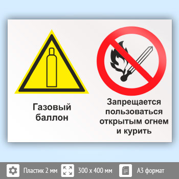 Знак «Газовый баллон. Запрещается пользоваться открытым огнем и курить», КЗ-19 (пластик, 400х300 мм)